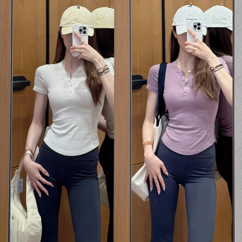 The correct version! Hold Tight Women's Tight-fit Modal Short-sleeved Henley T-shirt Women's Top