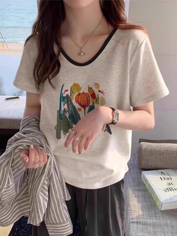 米灰色撞色短袖T恤女正肩纯棉宽松显瘦遮肚休闲百搭小个子V领上衣|undefined