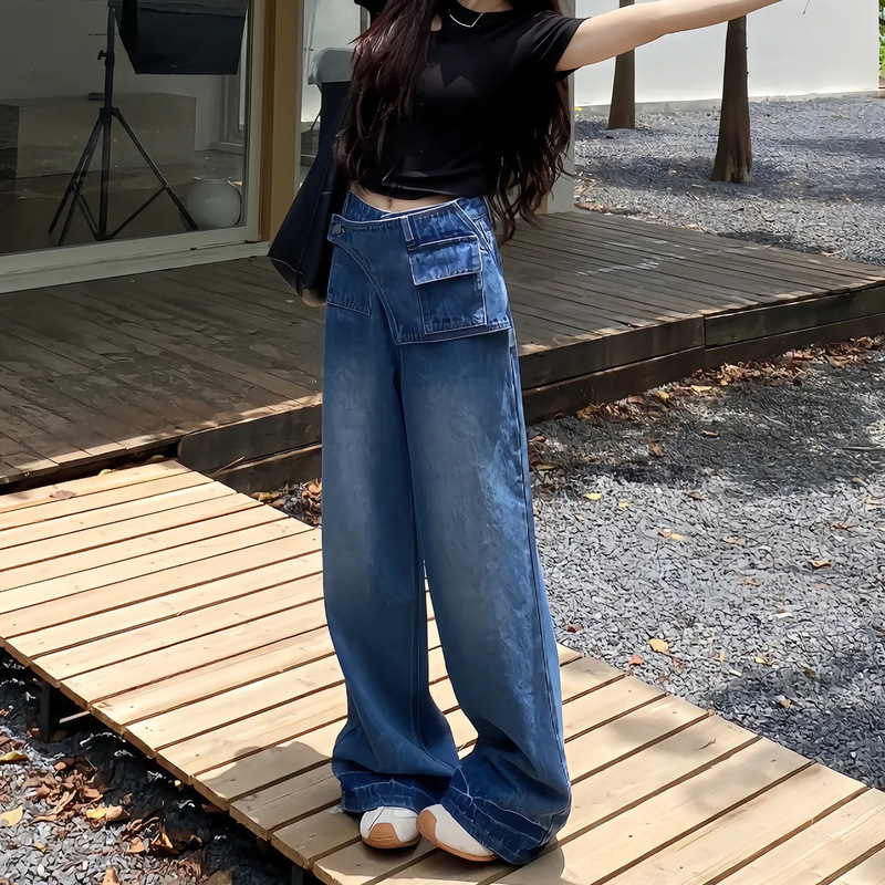 美式阔腿牛仔裤女秋季2025新款大码胖mm显瘦宽松直筒梨型身材裤子|undefined