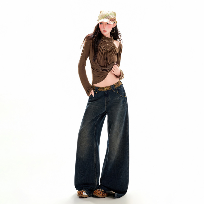 Raccoon House # American retro jeans for women, loose wide-leg style, American leopard print, low-waist, floor-length pants, wholesale for cross-border sales Raccoon House # American retro jeans for women, loose wide-leg style, American leopard print, low-waist, floor-length pants, wholesale for cross-border sales