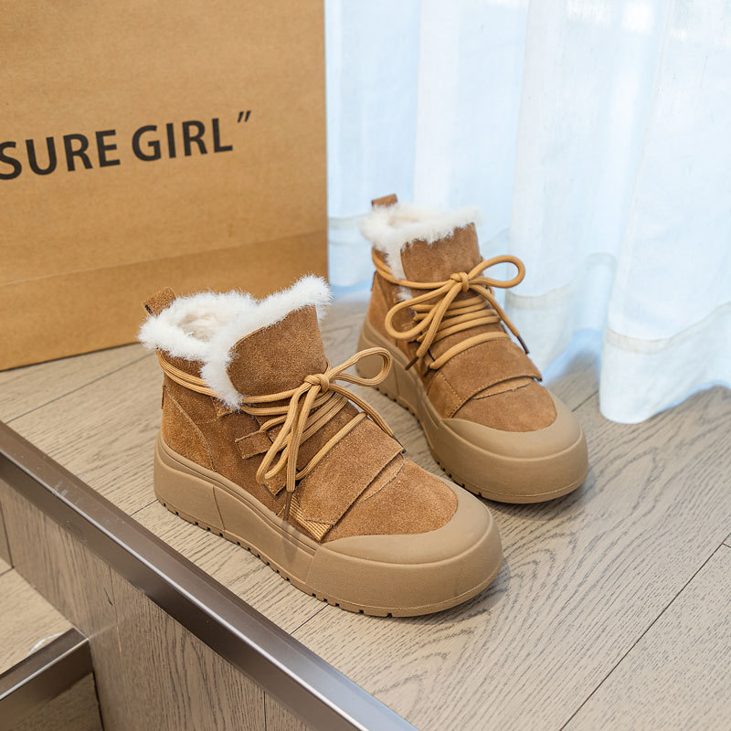 Chaussures pour femmes en cuir de vache givré et velours, bottes de neige à semelles épaisses et chaudes pour femmes, nouvelles chaussures montantes décontractées tout-match pour l'hiver_voghion.com