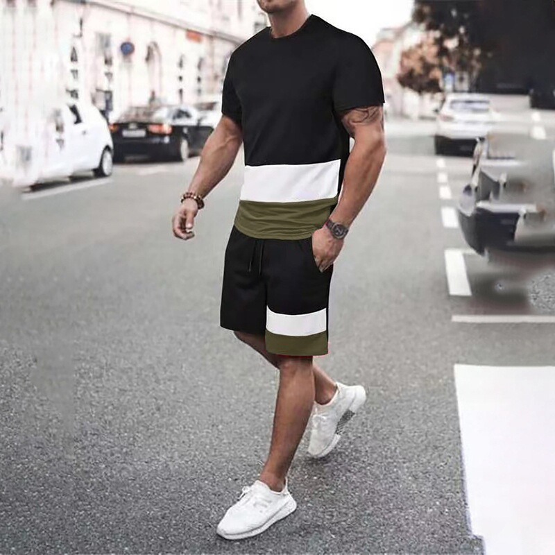 2025 Summer New Color-Blocked Short-Sleeved T-Shirt Men's Ins Trendy Loose Couple Half-Sleeved Casual T-Shirt Top Suit