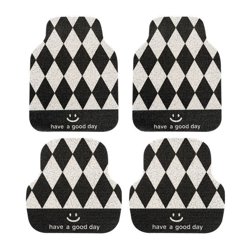 Cross-Border Temu Black and White Checkered Silk Circle Floor Mats for Cars, Dust-Proof, Wear-Resistant, Dirt-Resistant and Easy to Care For, Four-Piece Set of Floor Mats