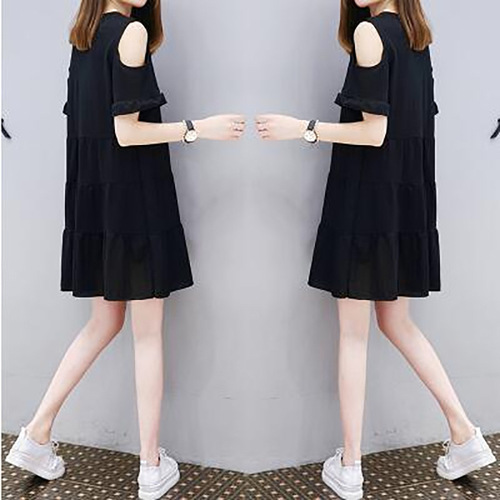 Shoulderless Korean Spring and Summer Dress, Black, Slimming, Whitening, Design-Savvy, Versatile, Loose, Hides Fat, Women's