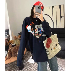 Nanyou 高品質デザイナー漫画猫プリント Tシャツ重工業刺繍甘くてクールなリラックス感年齢軽減トップ女性用