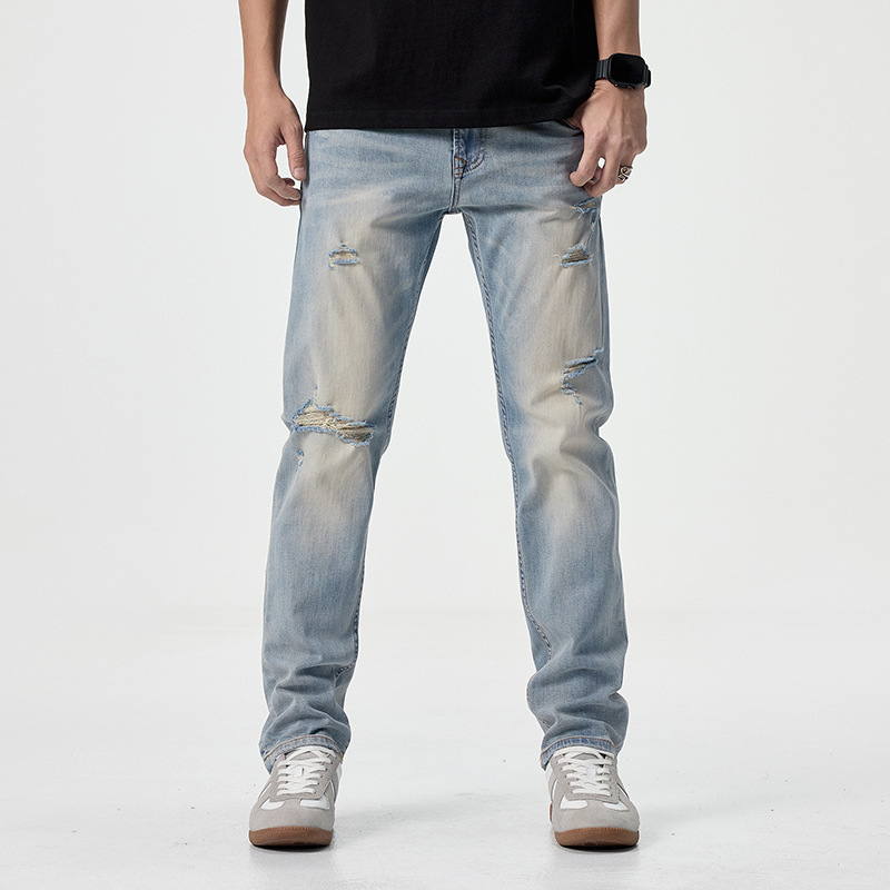2026 American High Street Light-Colored Ripped Jeans for Men, Trendy Brand, Stretchy Slim Fit, Tapered Vintage Washed Style