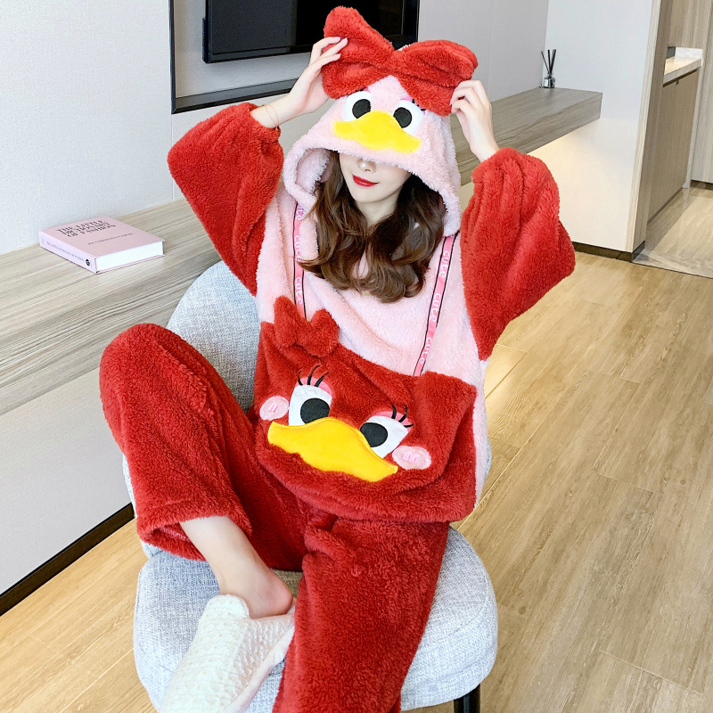 2023 popular Otoño e Invierno coral polar pijamas de manga larga engrosada de las mujeres de dibujos animados lindo felpa desgaste del hogar traje