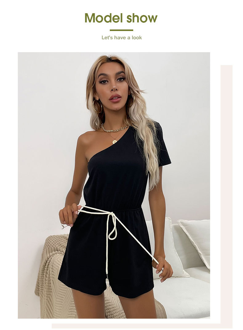 Short-Sleeved One-Shoulder Lace-Up Solid Color Jumpsuit NSDMB115468