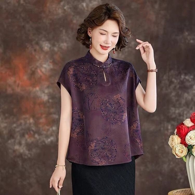 Summer Mother's Day Mom's Summer Blouse 2026 New Style Chinese Style Middle-Aged and Elderly Women's Summer T-Shirt Short-Sleeve Top