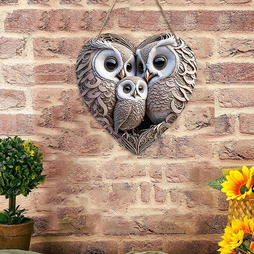 Vintage Creative Heart Shaped Three Owls Wooden Wall Hanging Decoration, Home Decor Door Nameplate