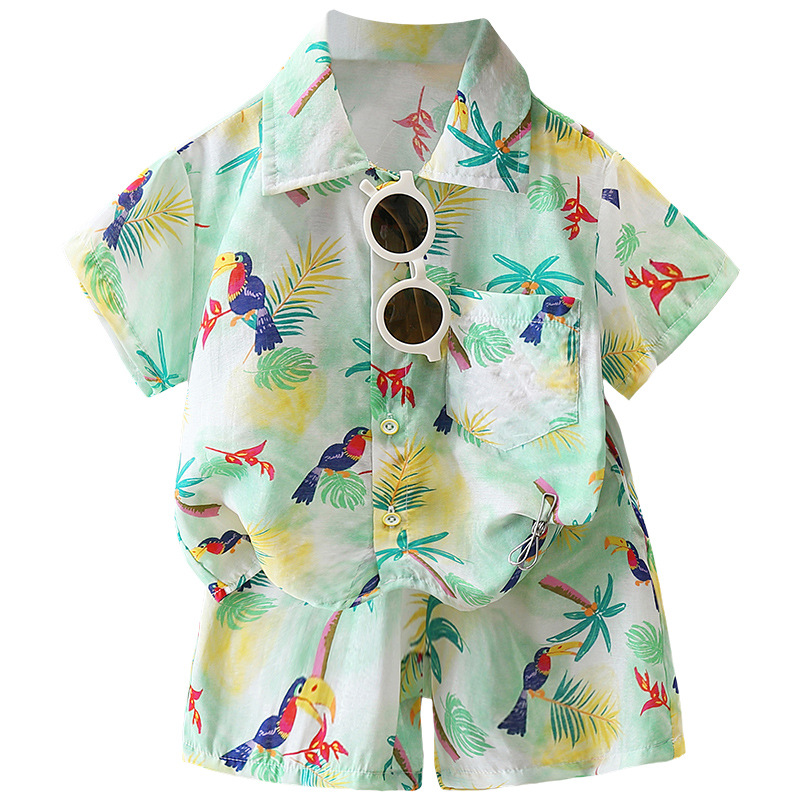 7115 Traje de verano para niños Camisa de estilo de playa de manga corta para niños 2025 Nuevo traje de dos piezas de viaje de verano para niños