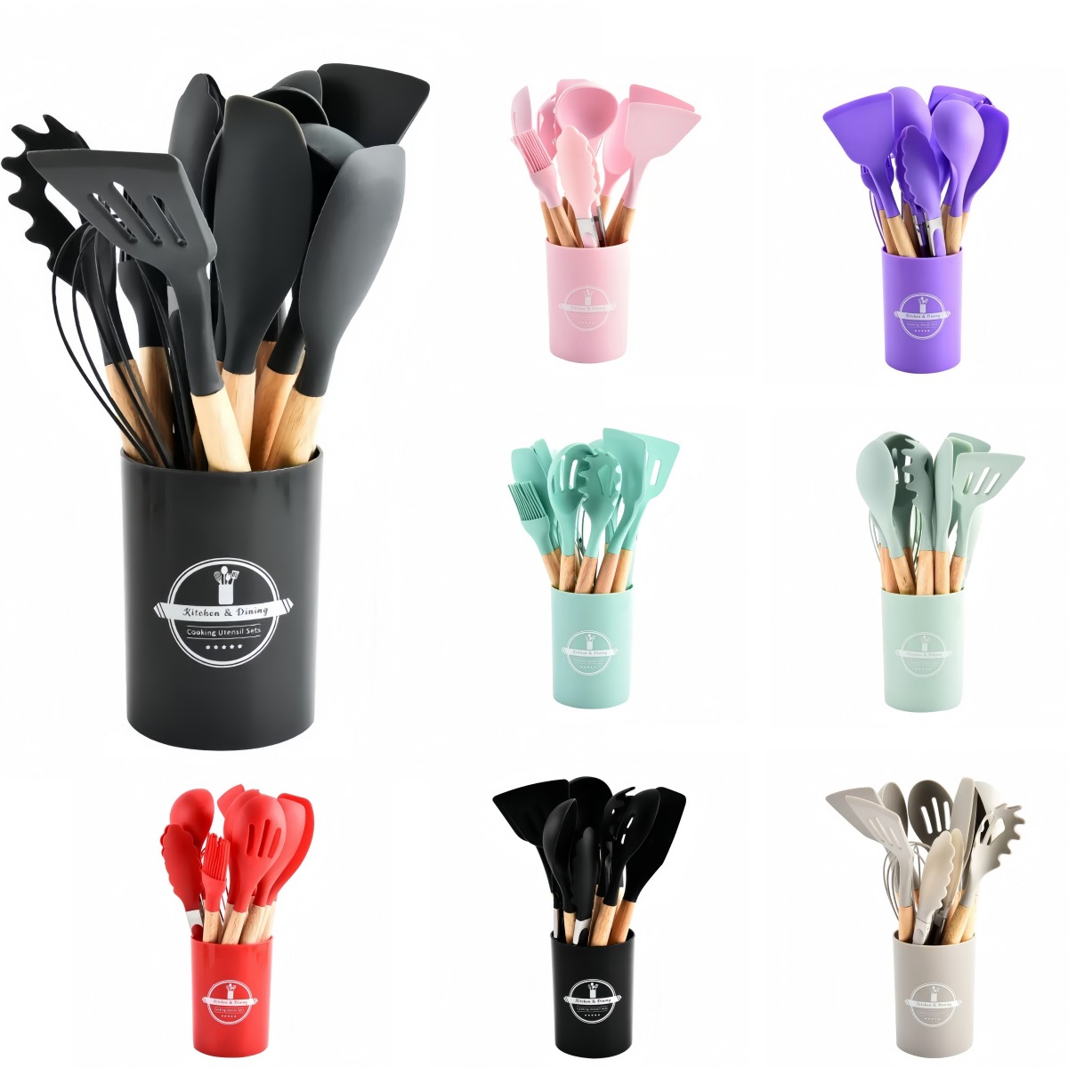 Mango de madera de cocina de silicona 12 piezas conjunto de cocina de silicona antiadherente 12 piezas conjunto de cocina de silicona resistente a alta temperatura