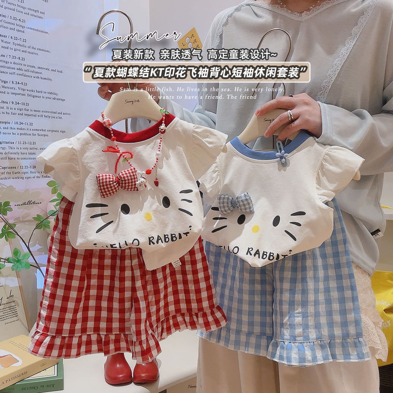 2025 New Girls Two-Piece Set Children's Flying Sleeve Bow Short Sleeve Shorts Summer Cartoon Casual Plaid Suit