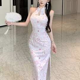 挂脖立领花色温柔风性感连衣裙侧开叉高腰气质修身显瘦镂空旗袍裙