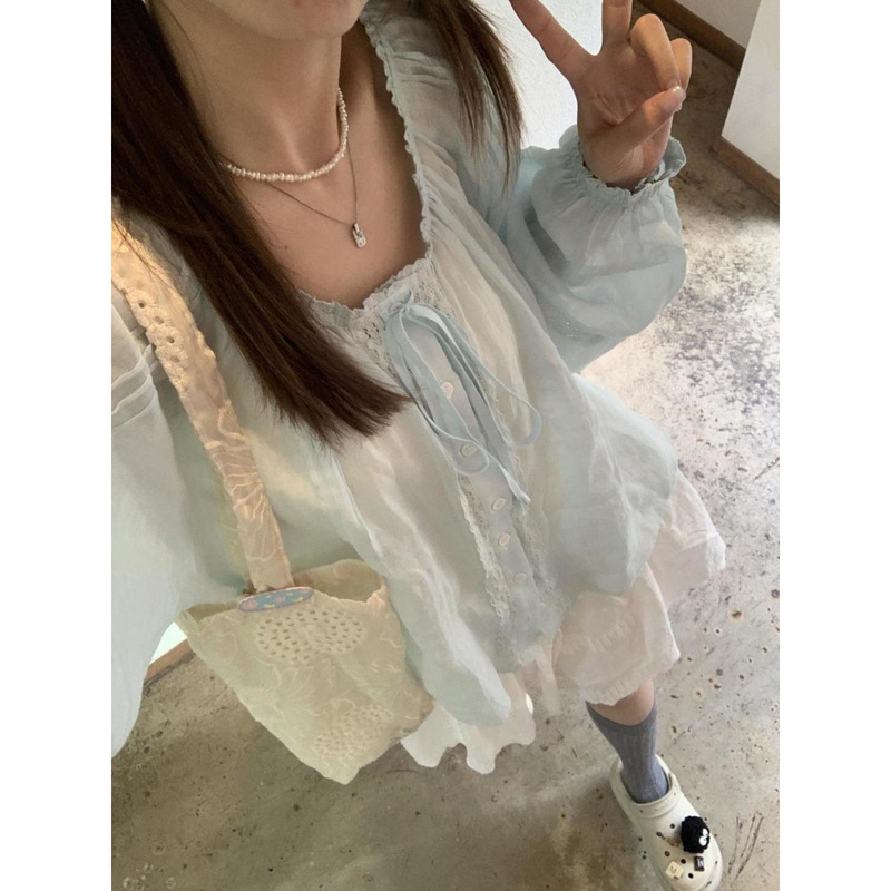 ロマンチックで純粋な乳白色の日焼け止めラウンドネック女性用エレガントなデザインマカロンカラー長袖夏用薄手トップスシャツ|undefined