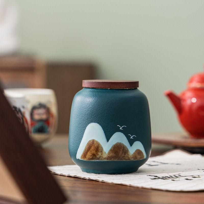 Yuanshan 茶缶木製蓋セラミック密封缶小さな茶包装ギフトポータブル薬用粉末缶カスタムロゴ|undefined