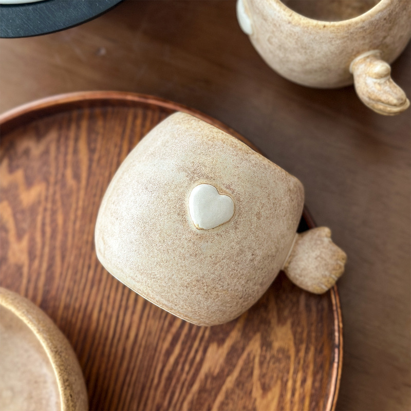 ムーニー レトロな粗い陶器のマグカップ ラブエンボス加工 かわいい小さなハンドヘルドコーヒーカップ 朝食ヨーグルト オートミールボウル|undefined