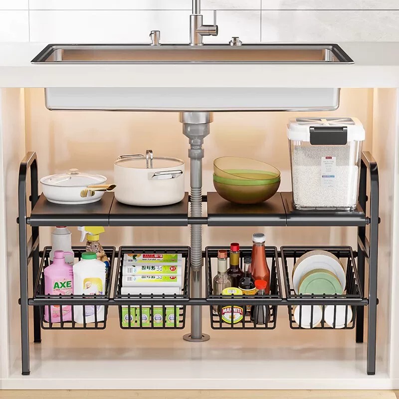 Retractable Kitchen Sink Storage Rack, Pot Rack Inside the Cabinet, Household Multi-Layer Cabinet, Layered Pot Storage Rack Retractable Kitchen Sink Storage Rack, Pot Rack Inside the Cabinet, Household Multi-Layer Cabinet, Layered Pot Storage Rack