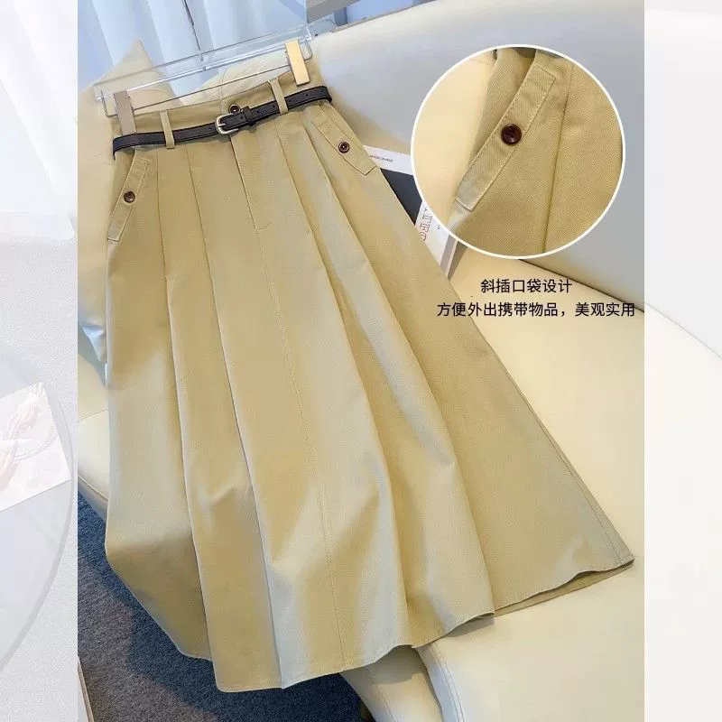 Джинсовая юбка цвета хаки для женщин, весна-осень 2025, новый стиль, миниатюрная, элегантная, офисная одежда, плиссированная юбка-костюм, длинная юбка