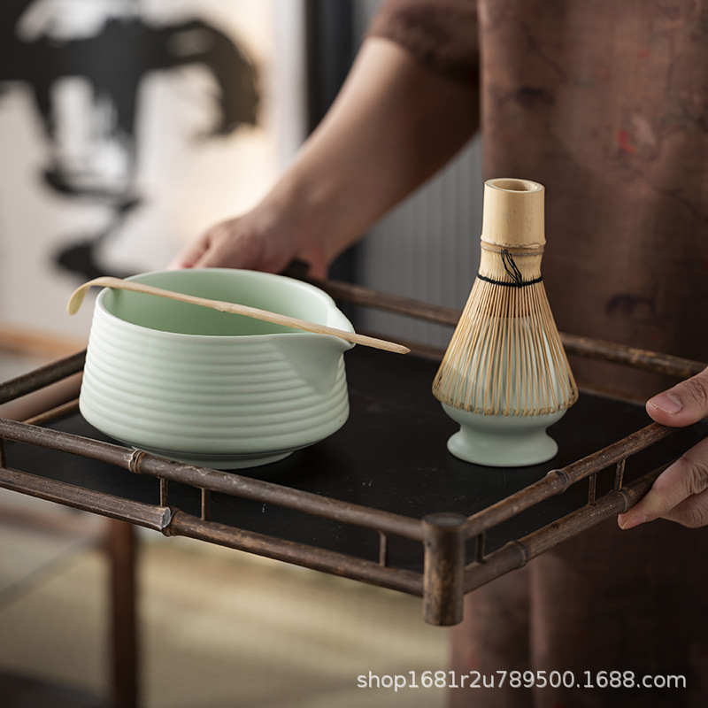 Cross-Border Matcha Tea Set 7-Piece Set 4-Piece Set Matcha Bowl with Spout Japanese Tea Whisk Whisk Stand Japanese Kiln Ware