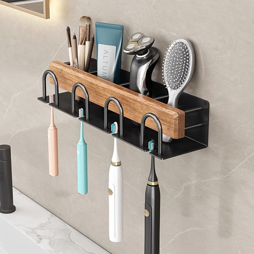 Solid wood toothbrush rack wall-mounted cup holder mouthwash cup holder multifunctional bathroom punch-free toothbrush holder