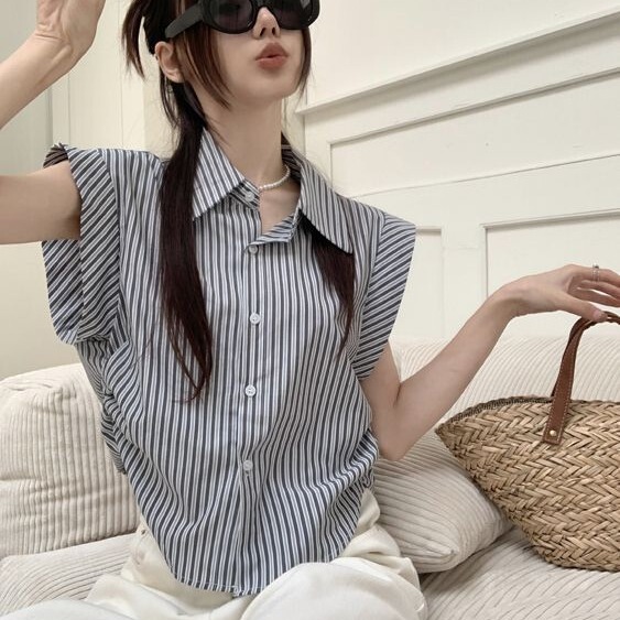 Hot girl striped polo collar shirt women's summer New loose 1/4 inch socket wrench sleeve contrast color chic design