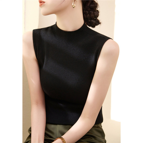 Summer Lyocell Tencel Fitted Sleeveless Knit Top New Fashion Half-Neck Ice Silk Backless Tank Top for Women