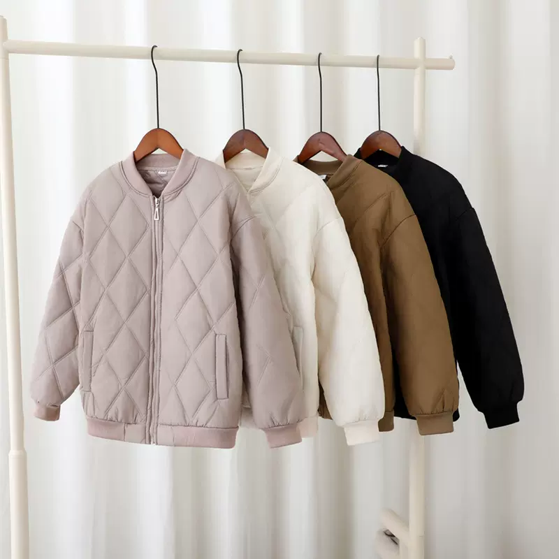 冬季简约休闲棒球棉服夹棉菱格外套女加厚拉链新款立领上衣夹克袄