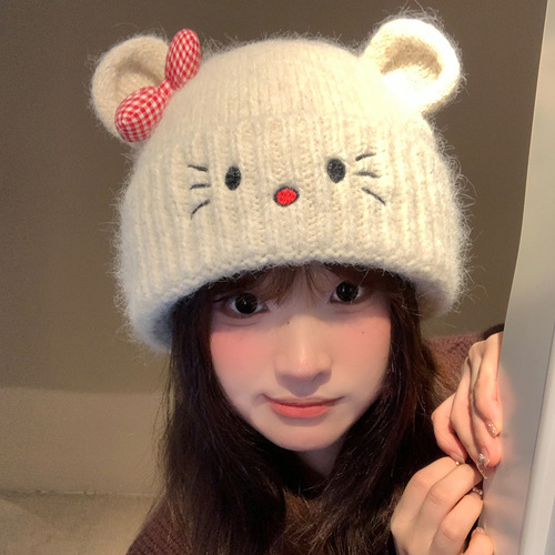 Cute Cat Knitted Wool Hat for Women, Autumn/Winter Warm and Cold-Proof, Versatile Large Circumference, Makes Face Look Smaller, Ear-Protecting, Capsular Hat
