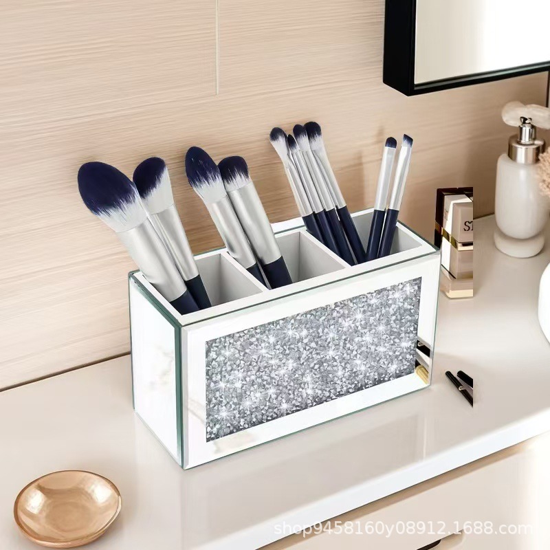 Foreign Trade Exclusive for Light Luxury Creative Rhinestone Mirror Multi-grid Storage Box Remote Control Makeup Brush Eyebrow Pen Brush Rack