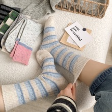 水貂绒点子纱粗线条纹袜子女加厚保暖韩系ins撞色点纱中筒堆堆袜