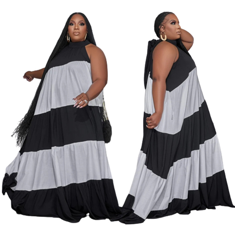 Women's plus-size splicing color contrast long swing dress_voghion.com