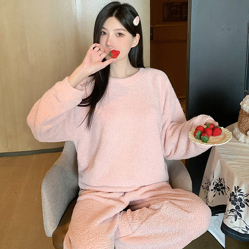 320G soft and fluffy monochromatic half-fleece women's pajama set with warm long sleeves, princess pink plush, lazy style set