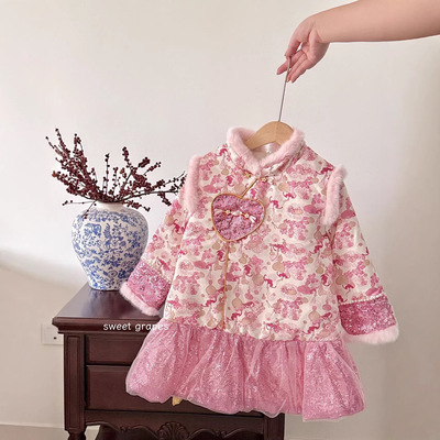 Юбка Cheongsam в китайском стиле для девочек, зимняя сетчатая юбка с блестками, розовая тысяча золота 2025 года, новогодняя одежда, новая китайская новогодняя одежда