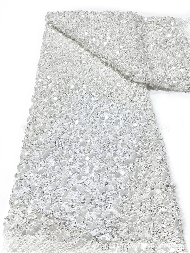 Tejido de malla de perlas pesadas 3 + 9cm de tela de vestido de boda de sequilla al por mayor