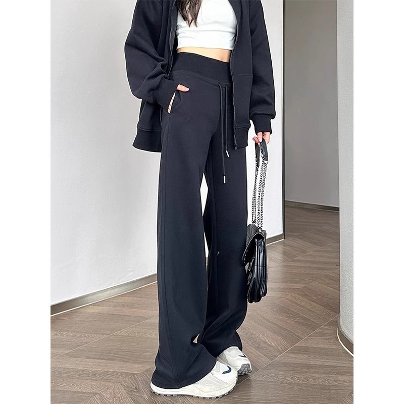 Pantalones de deporte negros de mujer pequeño otoño y invierno nuevo estilo de cintura alta sensación de caída pantalones casuales sueltos pantalones rectos de piernas anchas