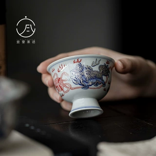 宜室茶话999纯银鎏银醒狮高脚茶杯陶瓷主人杯单杯功夫茶具品茗杯