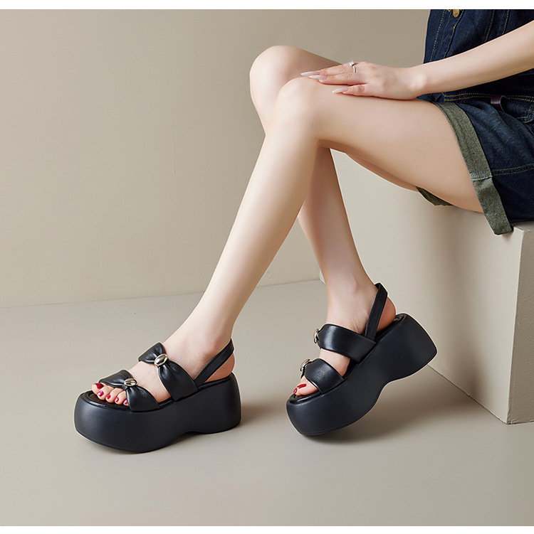 Sandal nữ đế xuồng dày 8cm quai ngang hở mũi phong cách La Mã — đen, trắng chi tiết 5