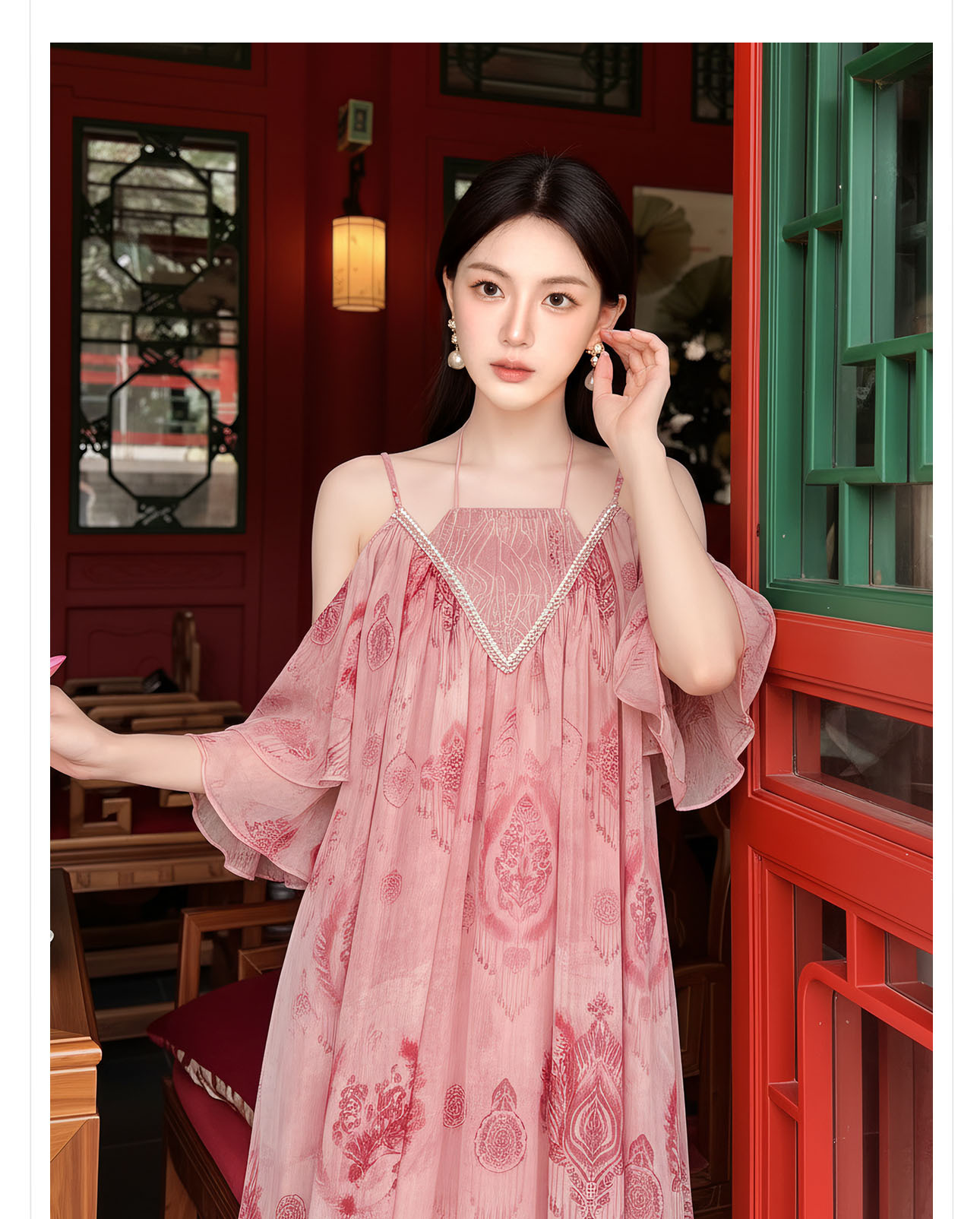 Đầm maxi nữ thắt eo ren cổ yếm phong cách Tây Mễ Á — Bột Lệ, Thuốc lá xanh chi tiết 2