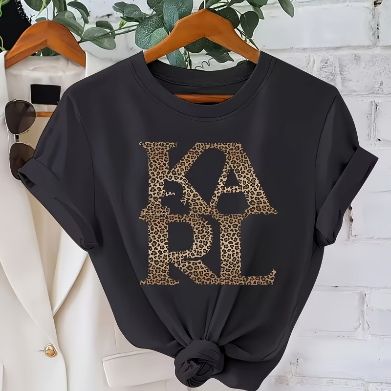 Ebay Aliexpress European and American Women's Clothing "Karl" Leopard Print Letter Print Large Size Loose Summer T-Shirt Ebay Aliexpress European and American Women's Clothing "Karl" Leopard Print Letter Print Large Size Loose Summer T-Shirt