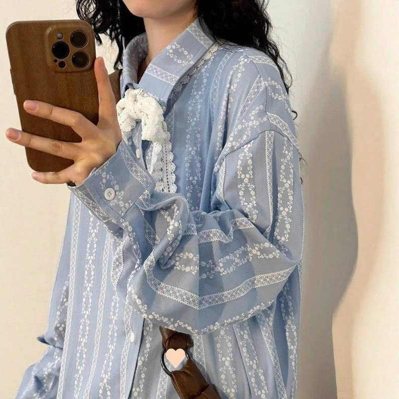 Designed Lace Tie Shirt for Spring and Autumn, White and Fresh Blue Jacquard Striped Forest Top and Jacket
