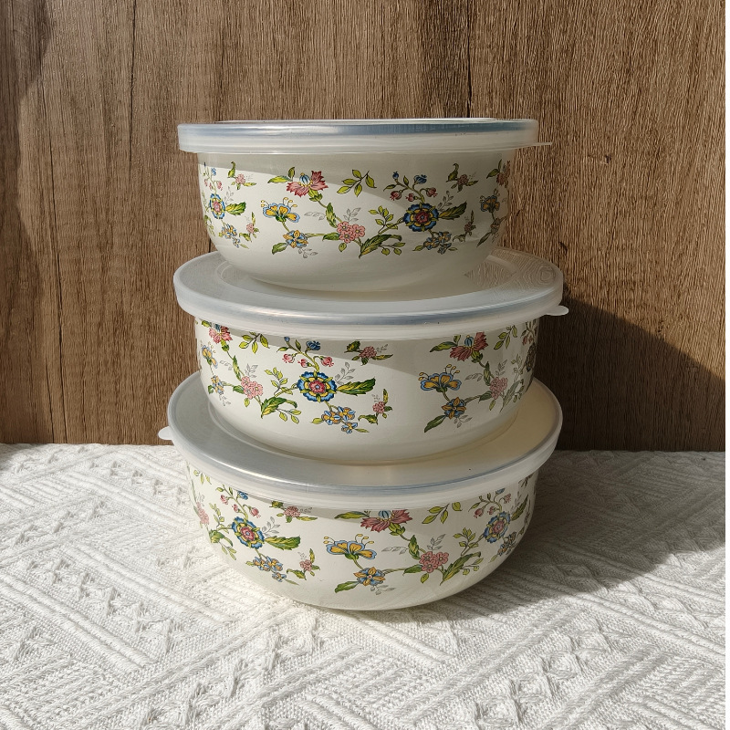 Cross-Border Old-Fashioned Enamel Bowl with Lid 3-Piece Lunch Box Set Nostalgic Instant Noodle Bowl Fruit and Vegetable Box Refrigerator Fresh-Keeping Bowl