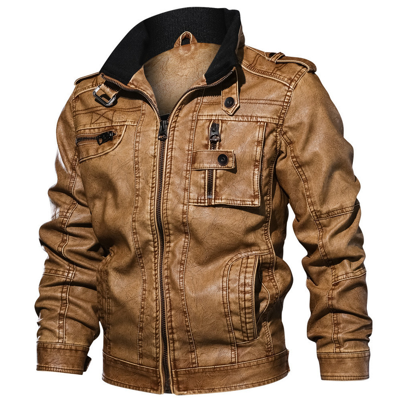 2020 Autumn and Winter Cross-border Men's Vertical Collar Leather Wash Motorcycle Leather Jacket Large Size Casual Washed Leather Jacket
