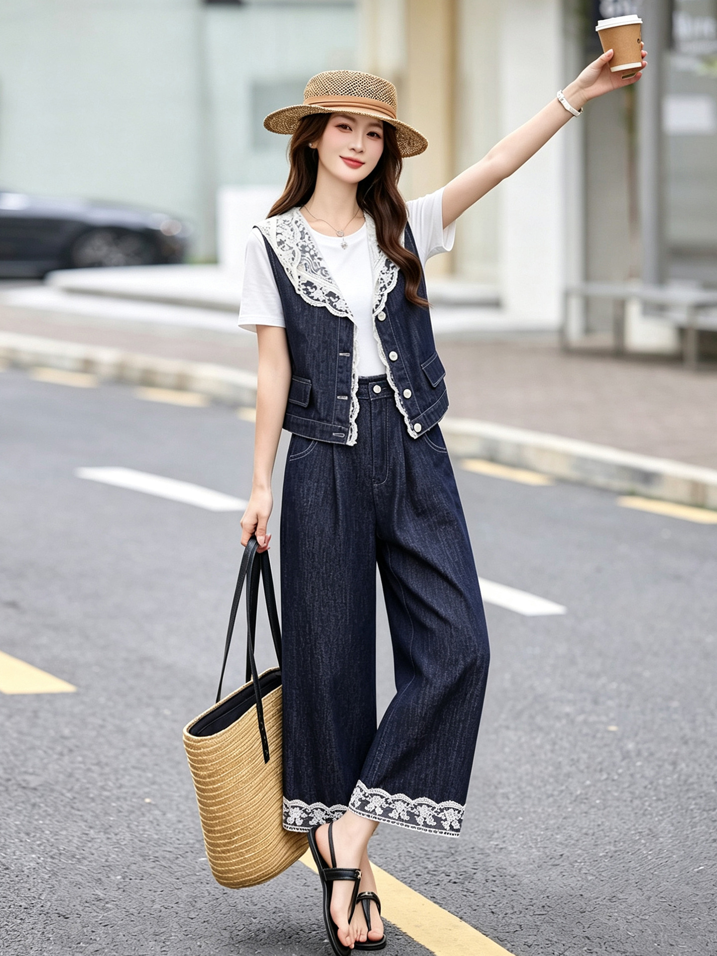 Bộ ba mảnh denim mùa hè 2026: áo khoác không tay mũ liền ren + áo thun + quần ống suông — Màu ảnh