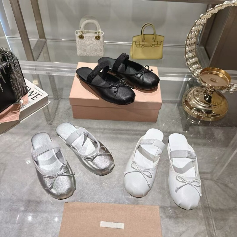High Version Miu Genuine Leather Bow Toe Flats Mary Jane One-Strap Ballet Flats Women's Half-Slip Sandals