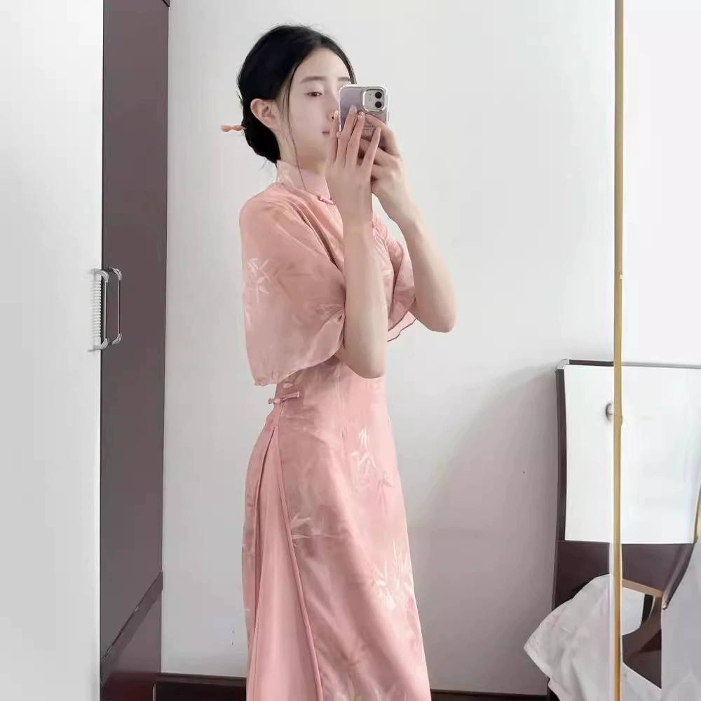 Фуксия летний легкий чоунсам(cheongsam) год 2024 легкий стиль