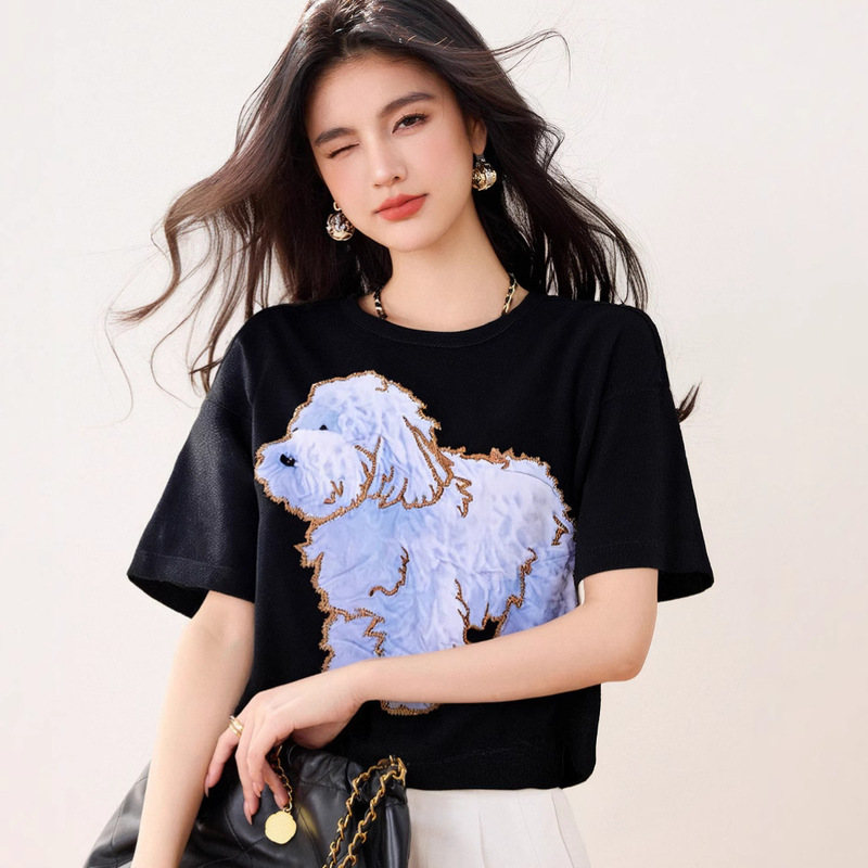 G8100 cartoon printed top magic walk 2025 summer new round neck cute puppy design short T-shirt women