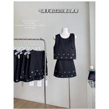 名媛风高级感手缝花朵小香风套装女夏季黑色无袖上衣+短裙两件套