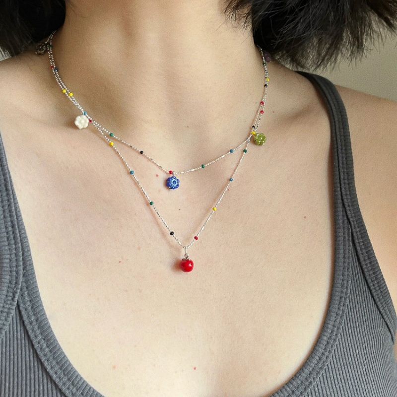 Dopamine Summer Colored Glaze Beaded Pendant Necklace Women's Cute Apple Czech Beads Flower Clavicle Chain Overlapping Wear Dopamine Summer Colored Glaze Beaded Pendant Necklace Women's Cute Apple Czech Beads Flower Clavicle Chain Overlapping Wear