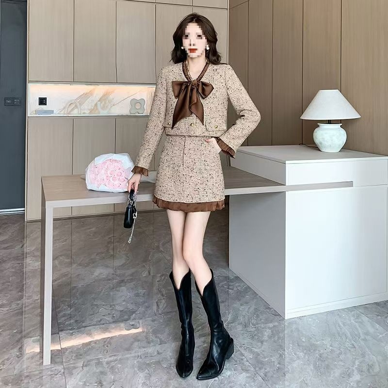 年春秋新款时尚小香风套装裙女洋气蝴蝶结短外套半身裙两件套|undefined